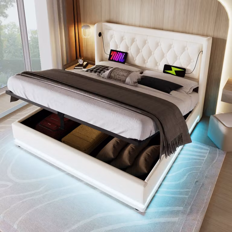 Letto imbottito 160x200 con illuminazione LED a tre lati e spazio contenitore, letto per giovani con prese USB e Type-C, letto matrimoniale, bianco, senza materasso