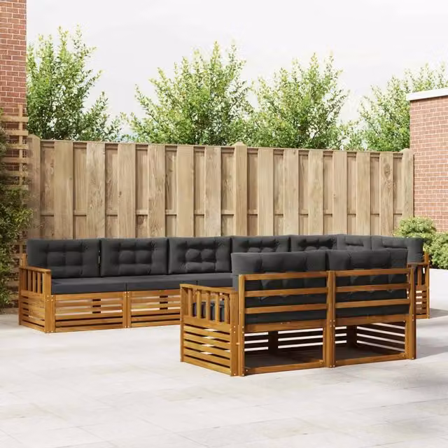 Set di divani da esterno a L vidaXL in legno di acacia con cuscini, 8 pezzi, Antracite e Marrone – 1