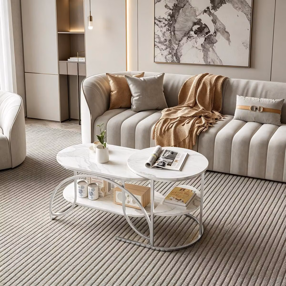INONEFT, set di 2 tavolini da caffè, design moderno con aspetto marmorizzato, tavolini con aspetto marmorizzato e struttura in metallo, tavolini laterali con spazio contenitivo, colore argento e bianco
