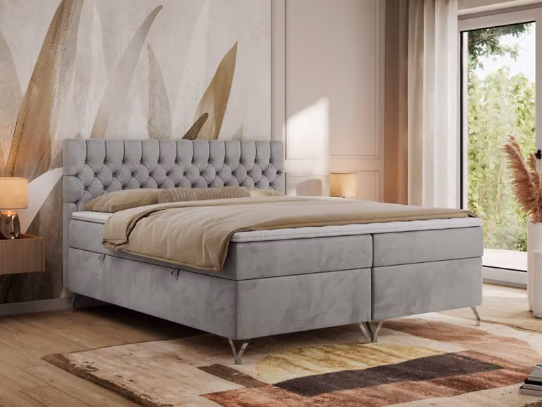 Letto con rete a molle MKS MEBLE, 180x200, letto 180x200 con materasso H4, letto con rete a molle 180x200 con contenitore e topper, letto imbottito 180x200, gambe - GRIMALDI - 180x200 - Grigio chiaro velluto - H4