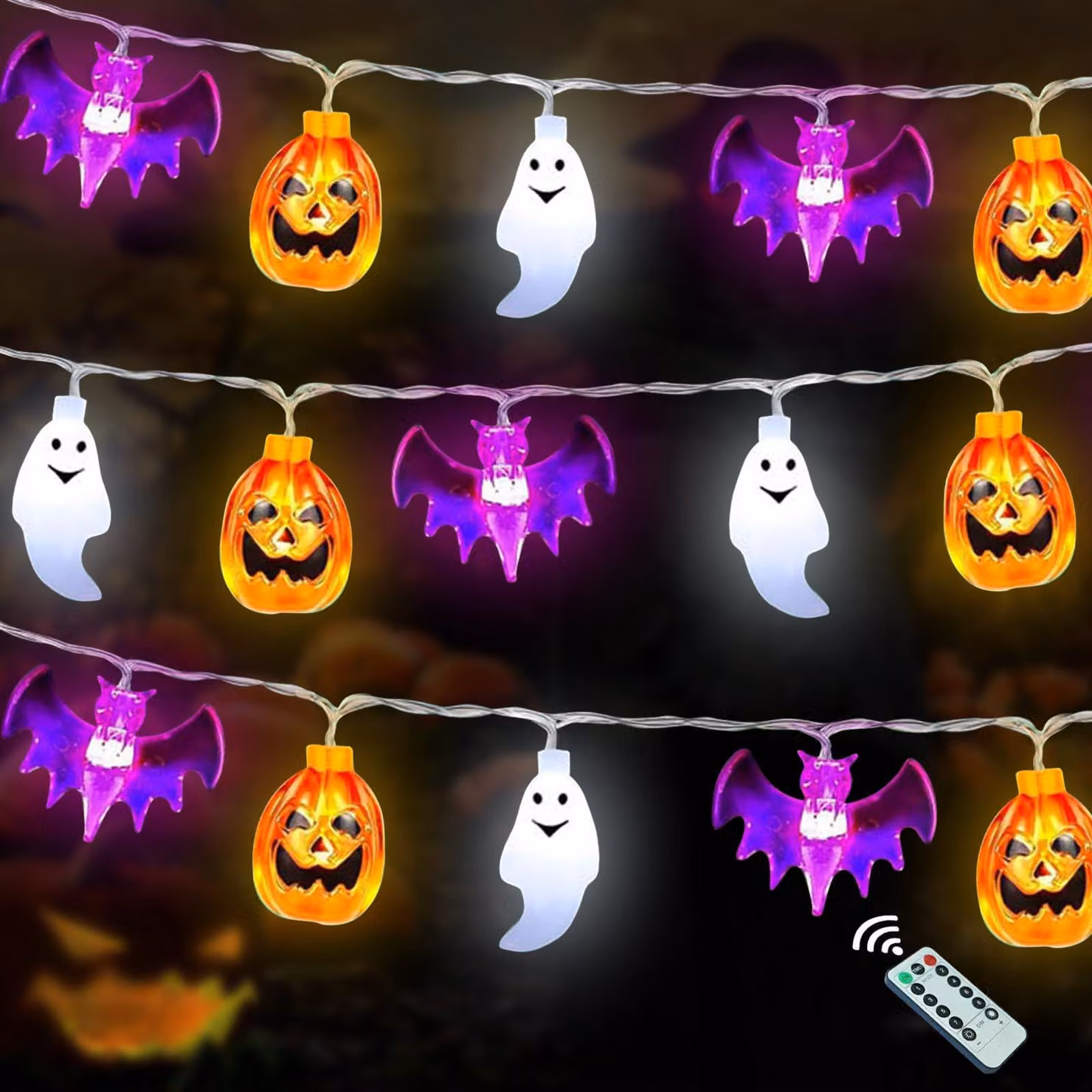 Catena luminosa a tema Halloween, 7 metri, 40 LED, con motivi di zucca, fantasma e pipistrello