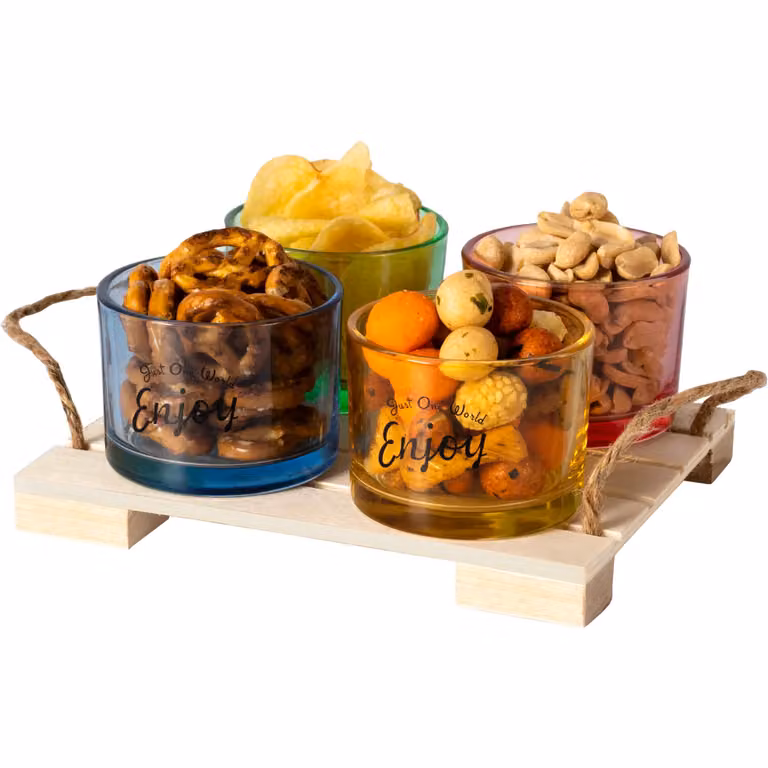 Antipastiera Gusto Casa con base in legno e 4 ciotole in vetro multicolore