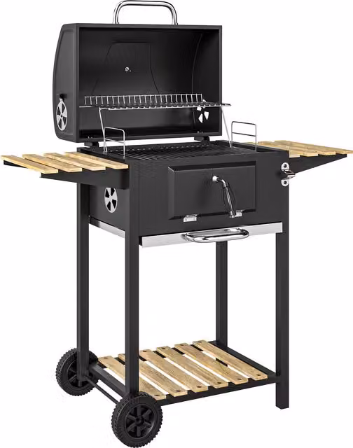 Barbecue a carbone Outsunny in acciaio e legno nero con carrello, ripiani, termometro e apribottiglie