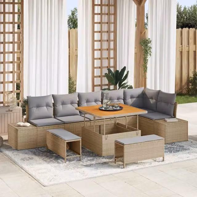 vidaXL Set Divano da Giardino a L con 9 Pezzi Beige con Cuscini Imbottiti e Tavolino da Esterno