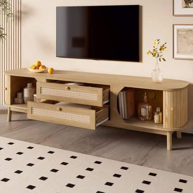 Mobile porta TV con ante scorrevoli e cassetti in rattan per soggiorno in MDF e legno massello 170 × 39,5 × 46 cm