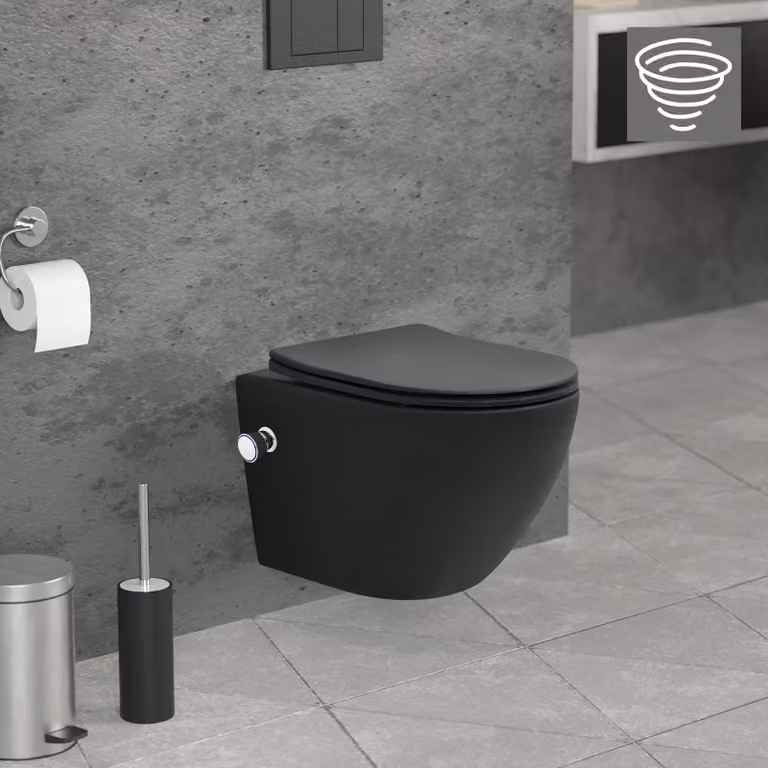 LuxeBath WC sospeso senza bordo con funzione bidet, nero, corto, scarico Tornado
