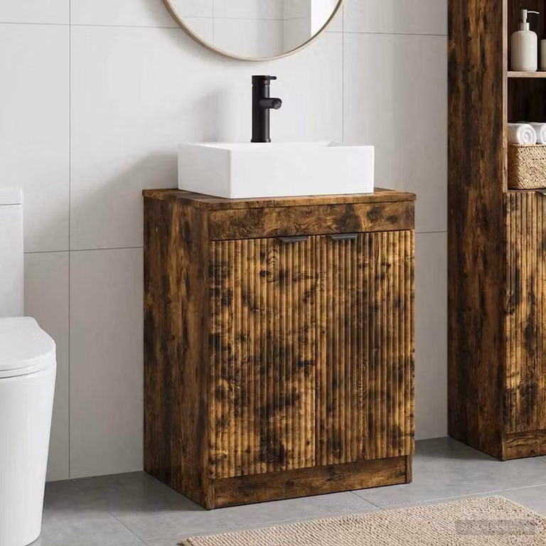 Set di mobili per il bagno moderni vidaXL in legno ingegnerizzato color rovere fumo, L: 70 cm, H: 41 cm, P: 26,9 cm