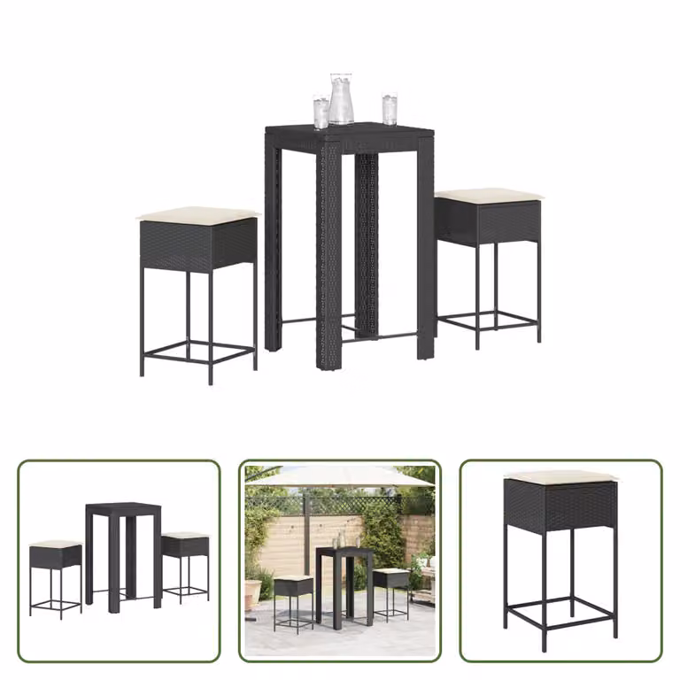 The Living Store Set da bar da giardino in 3 pezzi con cuscini in rattan polivalente nero