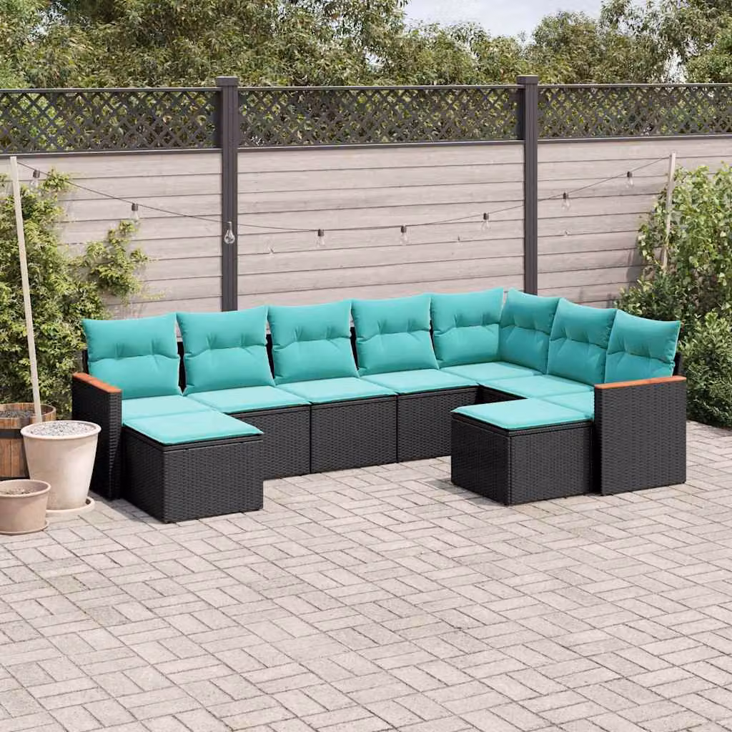 Set di divani da giardino vidaXL 9 pz in polyrattan con cuscini blu e turchese e struttura in acciaio nero