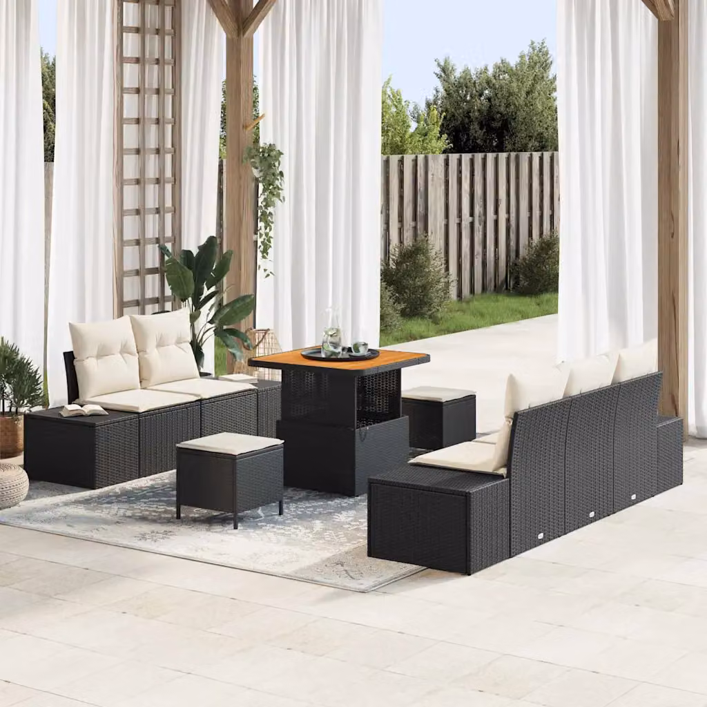 vidaXL Set Divano da Giardino 8 Pezzi con Cuscini Nero e Beige in Poly Rattan e Acciaio – 1
