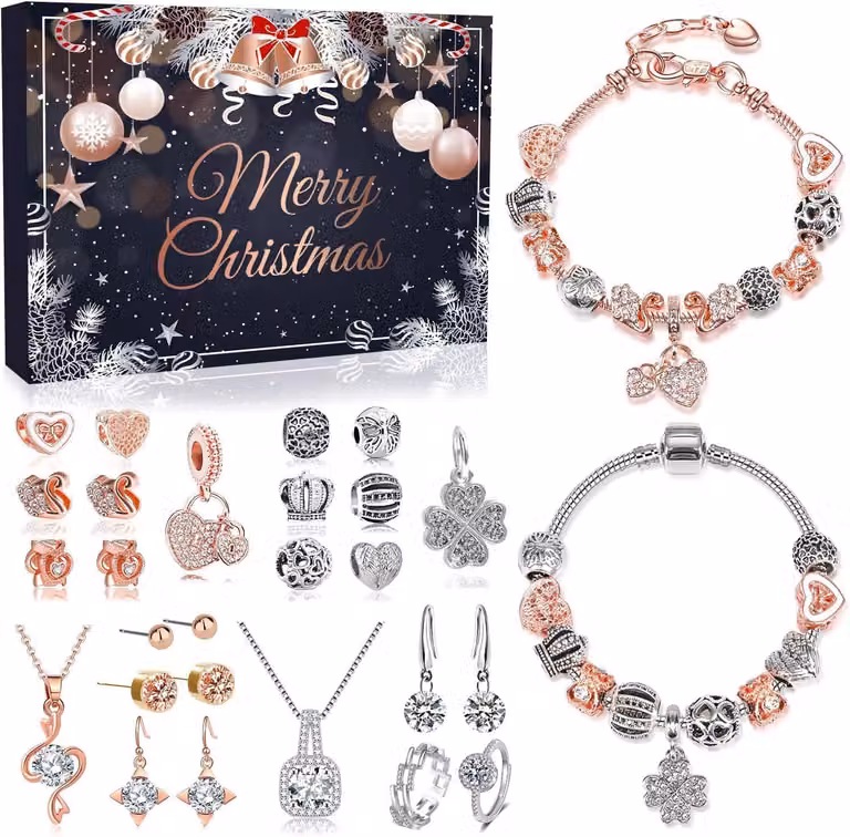 Calendario dell'Avvento 2026 con bracciale e charms, calendario dell'Avvento per gioielli da donna