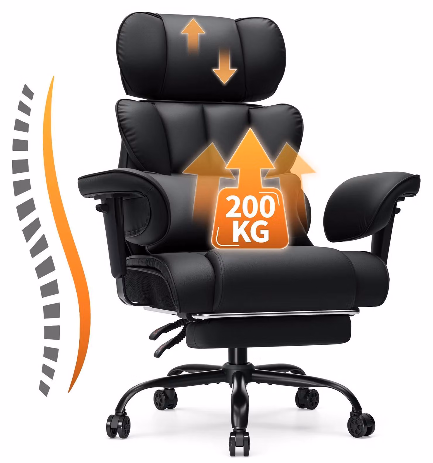 Sedia da ufficio - Sedia ergonomica per ufficio - Portata massima: 200 kg - Rivestimento in ecopelle di poliuretano - Poggiapiedi - Schienale e braccioli regolabili - Rotella per la rotazione - Colore: nero