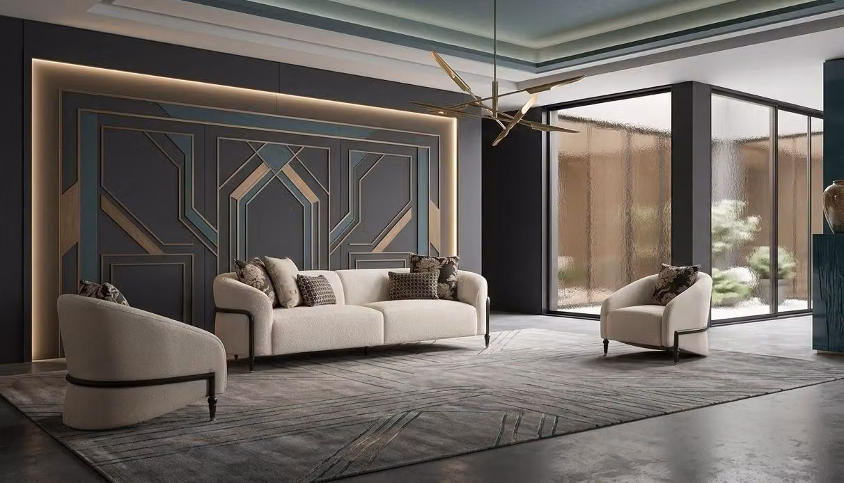 Elegante set da salotto beige composto da divano a 3 posti e due poltrone, mobili di design