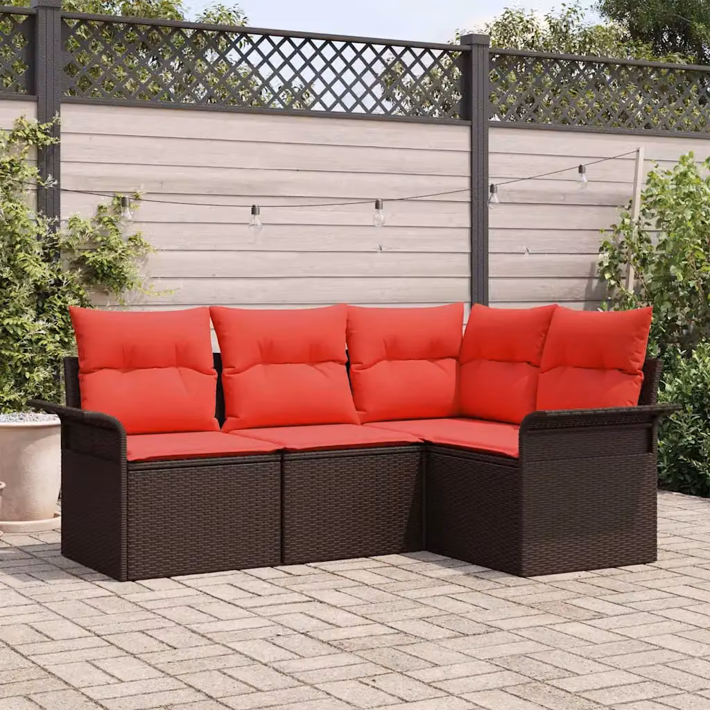 Set Divano da Giardino L-Shape vidaXL 4 pz Marrone e Rosso con Cuscini in Polyrattan e Struttura in Acciaio