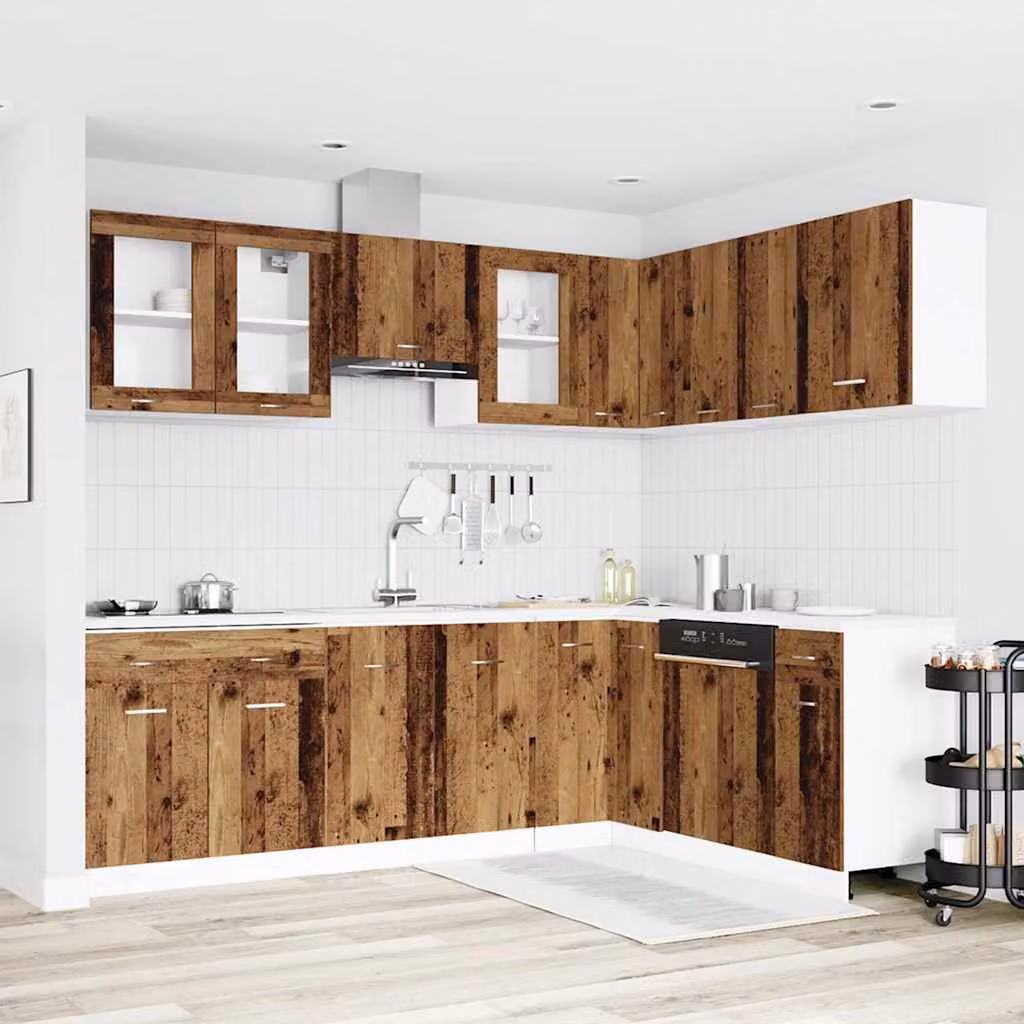 Set di mobili da cucina vidaXL Lyon 11 pezzi in stile rustico marrone con ante in vetro e ripiani interni