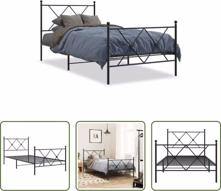 The Living Store Struttura letto con testiera e pediera in metallo nero 90x200 cm
