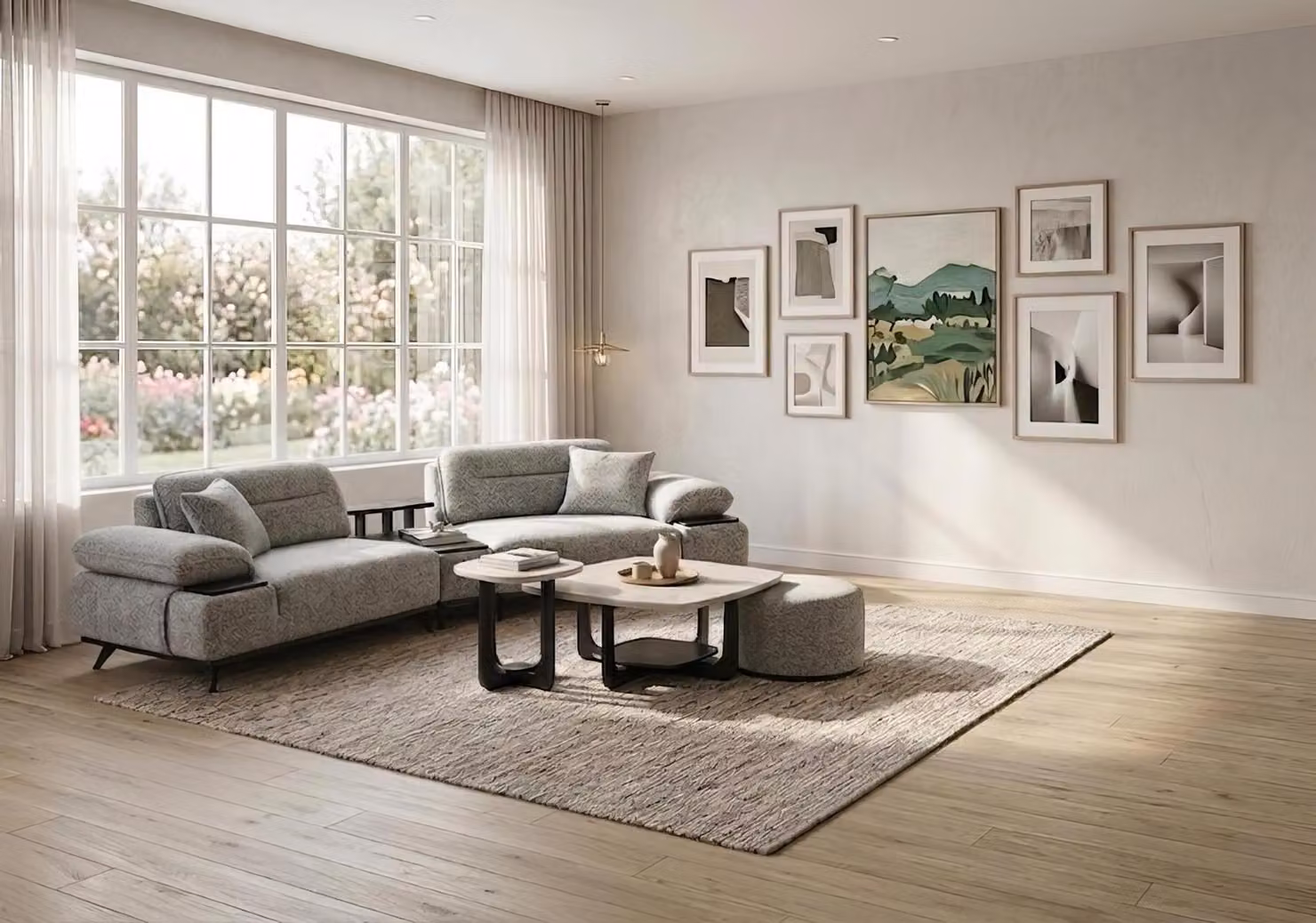 Divano, tavolino, poggiapiedi, tavolino ausiliario, design moderno, grigio, elegante, lusso