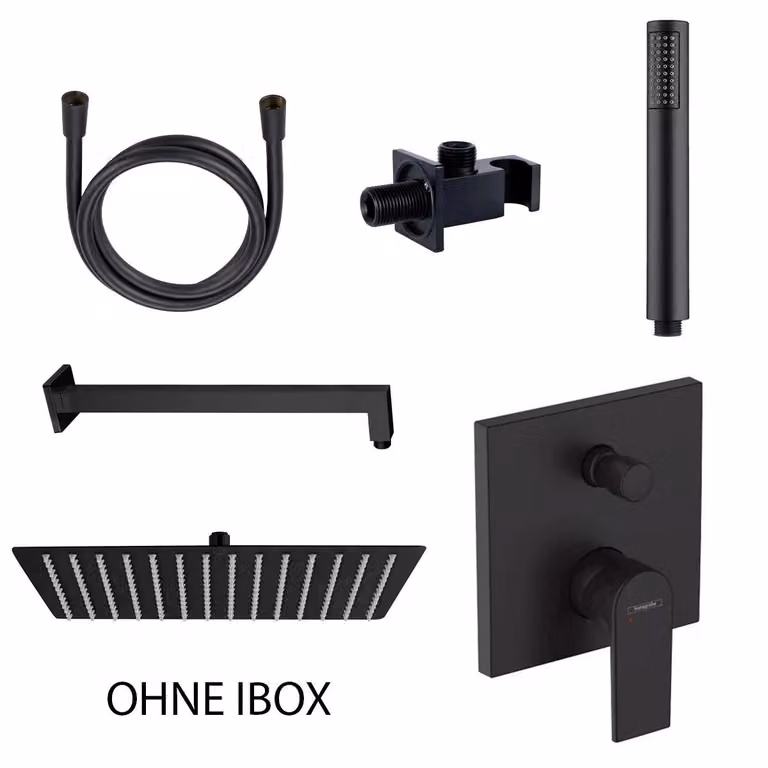 Set doccia Belvit da incasso nero con soffione a pioggia 30x30 cm, doccetta, raccordo a muro e miscelatore vasca hansgrohe – Sistema completo per un bagno moderno