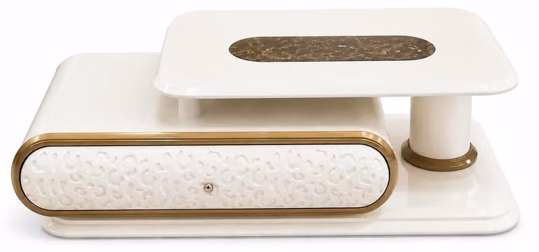 Tavolino da caffè moderno, beige, in legno e metallo, design con elementi in marmo