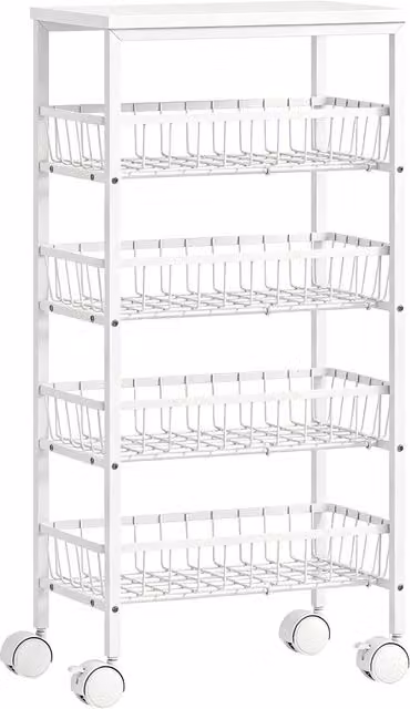 Carrello in metallo HOMCOM con 4 ripiani e cestelli estraibili, Bianco – 1