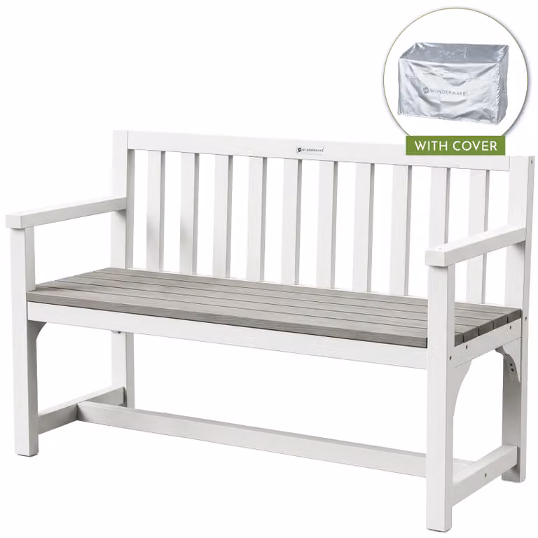 Panca da giardino WONDERMAKE® in legno, resistente alle intemperie e con copertura, panca in legno moderna per 2 persone, panchina da parco, panchina da esterno in legno massello, bianco grigio