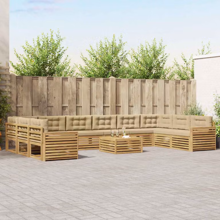 Set di divani da giardino vidaXL in legno di acacia con cuscini, colore marrone e beige, composizione a L con tavolo da esterno, 11 pezzi
