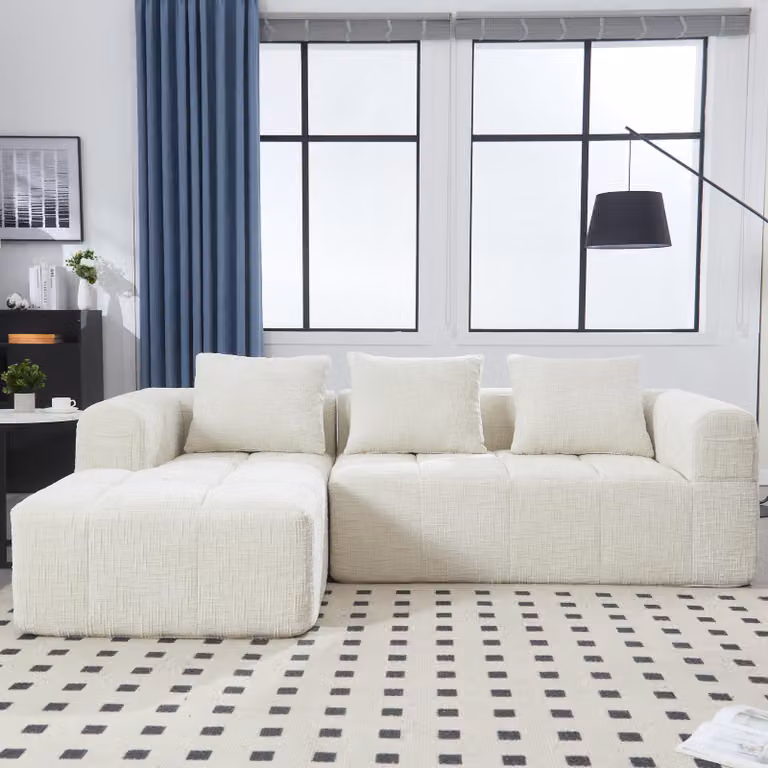 Divano modulare moderno, divano a forma di L, divano a 3 posti, divano in velluto con chaise longue e braccioli, 3 cuscini, tasca laterale per il telecomando, color beige