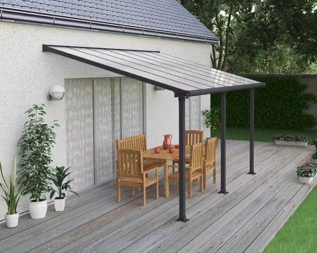 Pergola addossata Palram Olympia in alluminio e policarbonato con grondaia, Grigio, L: 4,3 m, P: 3 m
