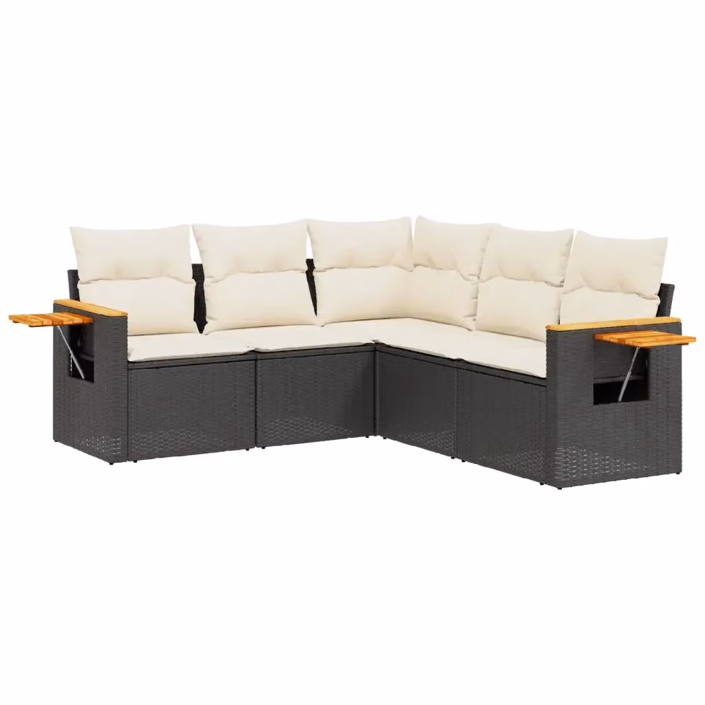 vidaXL Set Divani da Giardino a L 5 pz in Polyrattan Nero con Cuscini e Tavolino da Esterno – 2