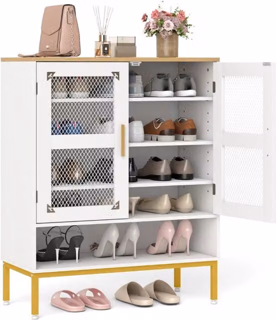 Armadio porta scarpe Design Mania in legno e metallo con ante a rete e mensole regolabili, Bianco, H 93 cm x L 70 cm x P 35 cm