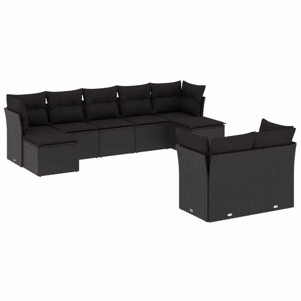 vidaXL Set Divani da Giardino 9 pz con Cuscini Nero in Polyrattan e Acciaio – 2