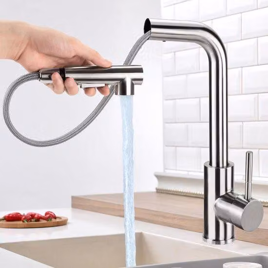 Rubinetto da cucina girevole, rotazione a 360 gradi, due funzioni di getto, regolazione separata dell'acqua calda e fredda, acciaio inossidabile spazzolato (modello a L color argento)