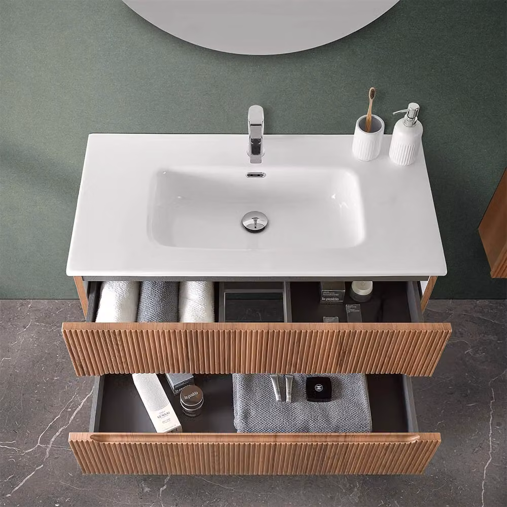 Mobile bagno sospeso Bali con design cannettato in noce canaletto, L: 90 cm, P: 45,4 cm, H: 45 cm – 2