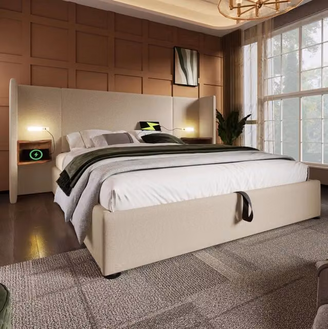 Letto contenitore 180x200 cm con testiera multifunzione; luce lettura e USB in lino beige