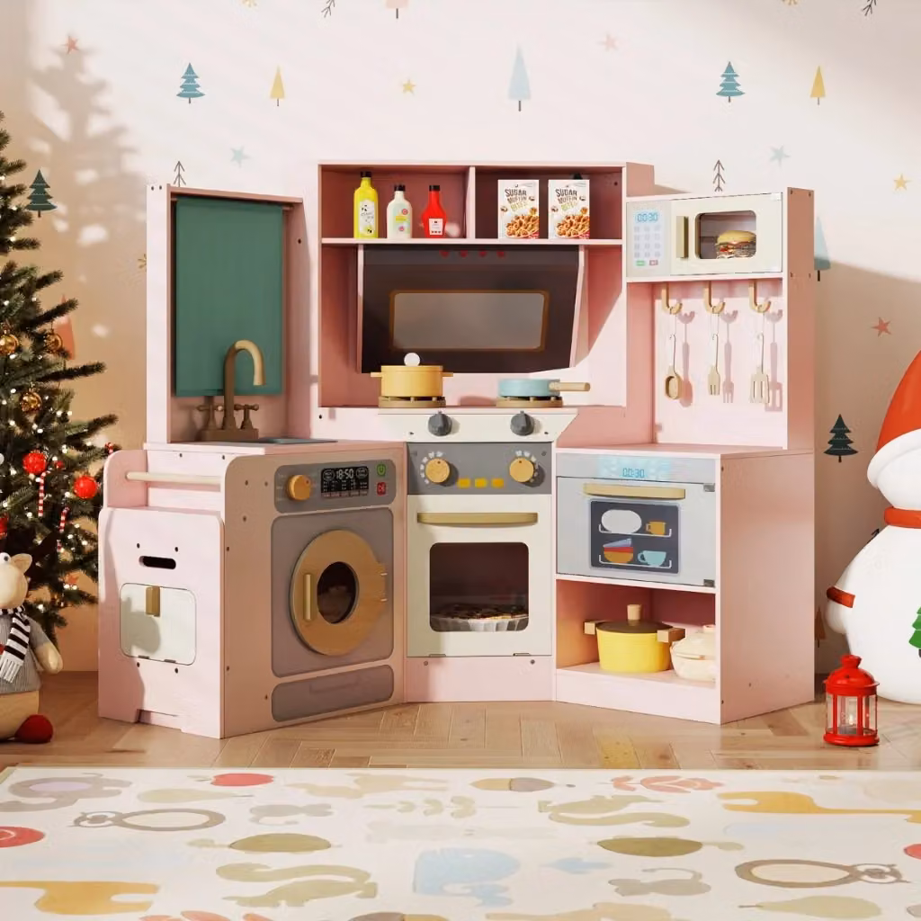 Cucina ad angolo in legno con luci e suoni, set di gioco rosa con lavatrice, pattumiera estraibile e accessori – 2