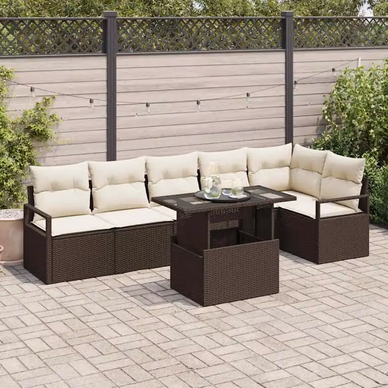 Set Divano da Giardino vidaXL 7 Pezzi Moderno in Rattan con Cuscini Beige e Struttura in Acciaio Marrone