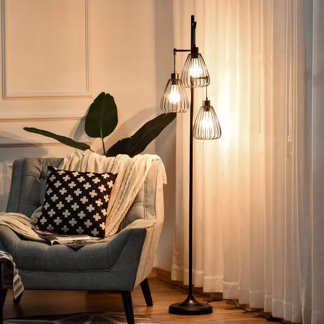 Lampada da terra Aosom in metallo nero con design industriale e paralume rotondo, Altezza: 170 cm, Diametro: 35 cm