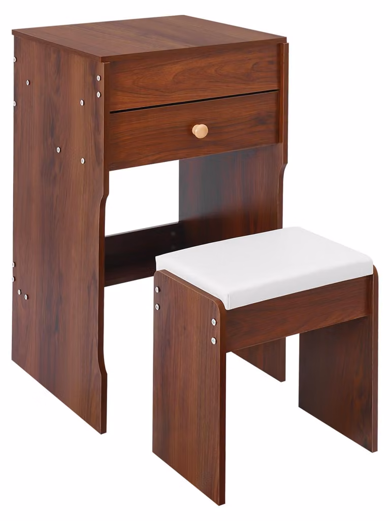 Tavolino da trucco con specchio - Colore noce nero - Materiale: legno - Compatto - Con sgabello