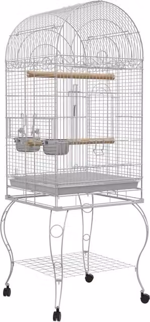 Gabbia per uccelli con ruote 51 x 51 x 153 cm vassoio estraibile 2 ciotole posatoio ripiano inferiore moderno in acciaio bianco 21_0007561