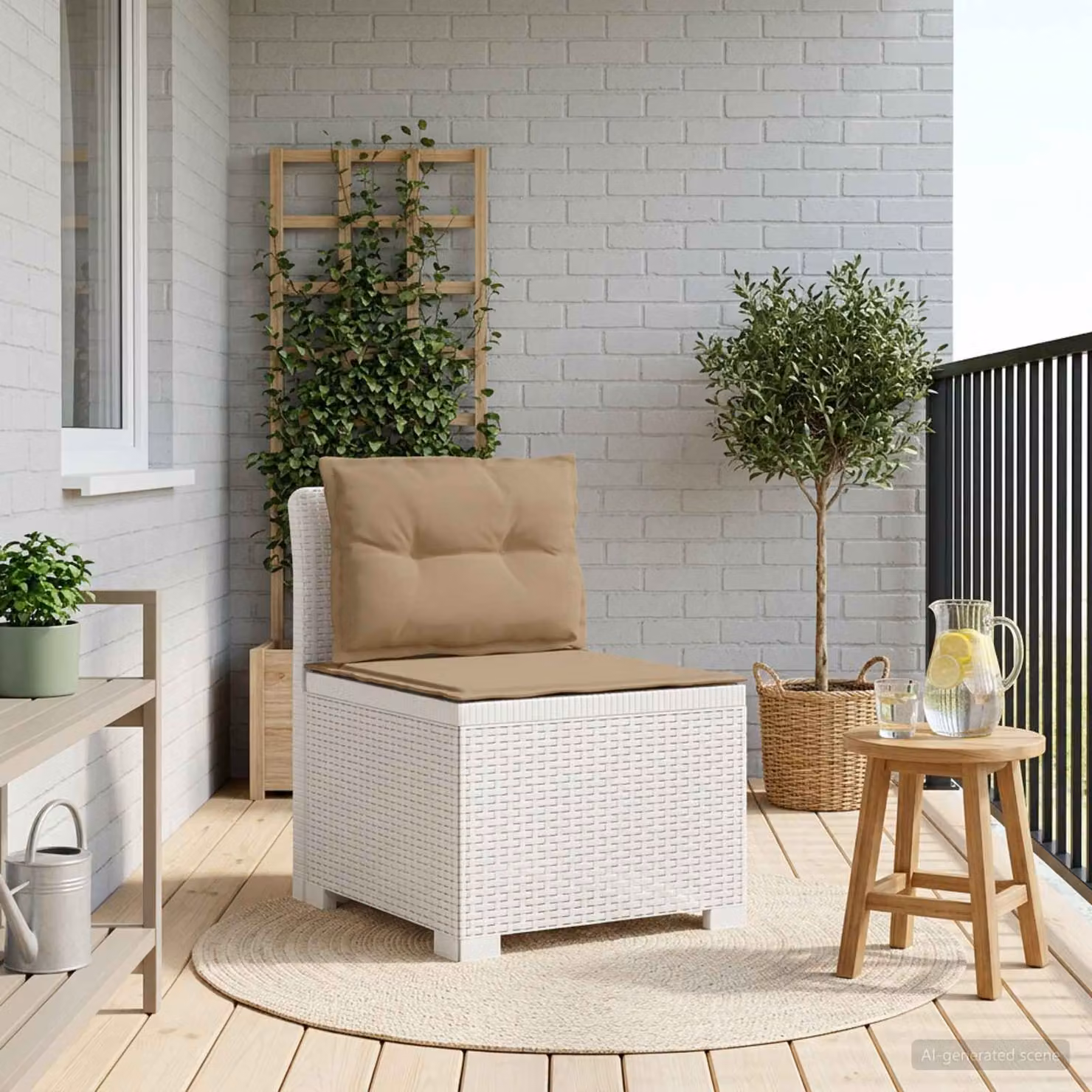 Divano da giardino singolo vidaXL con cuscini in aspetto rattan bianco