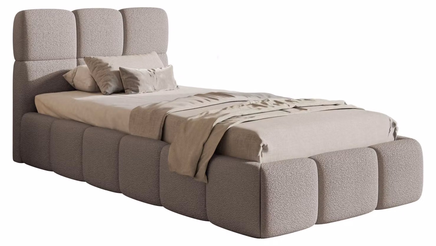 Selsey Cloudy – Letto imbottito 90x200 cm, contenitore e rete a doghe, bouclé grigio chiaro