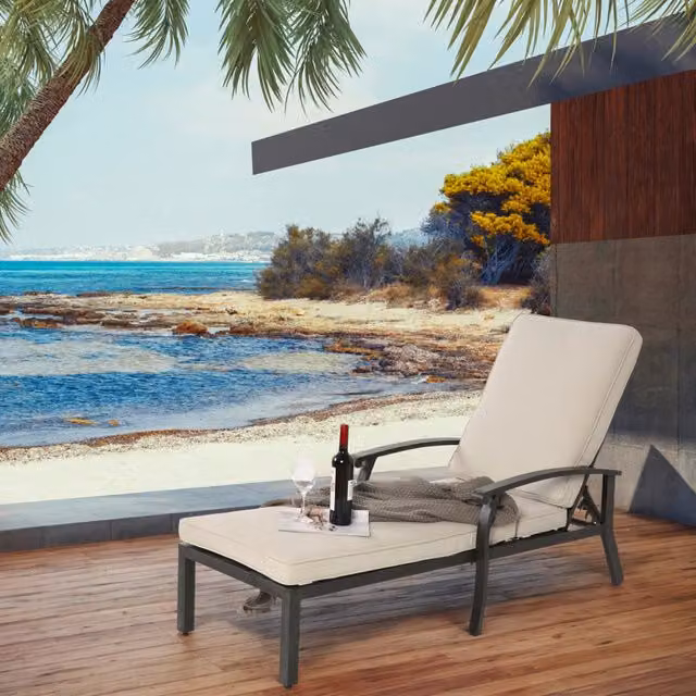 Sedia da giardino con cuscino in cotone, reclinabile e regolabile, in alluminio antiruggine, ideale per rilassarsi a bordo piscina, con cuscino beige