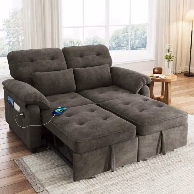 Divano Letto 3 in 1 Pieghevole con Schienale Regolabile e USB ¨C Xylo ¨C Chenille Grigio, 2 Cuscini