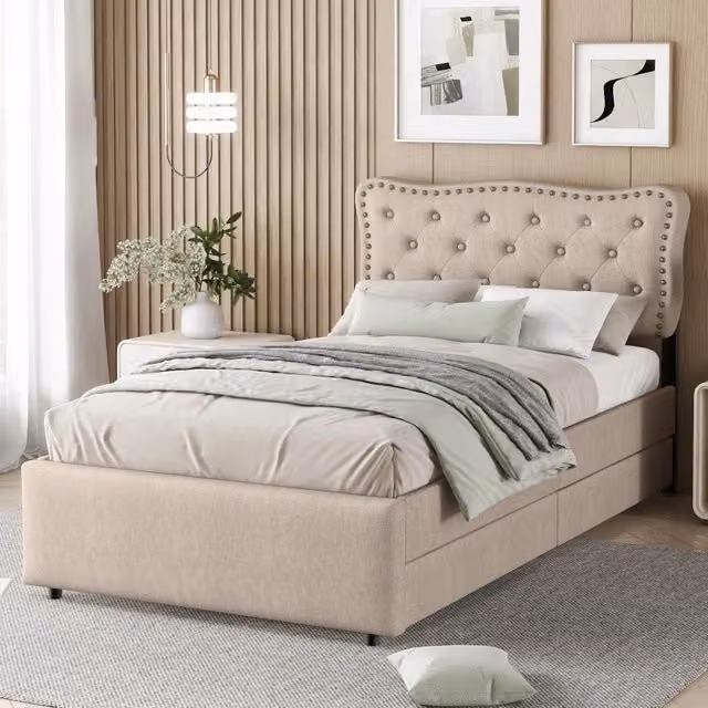 Letto singolo moderno con 2 cassetti e testiera regolabile in tessuto beige marrone L/P/H: 90 x 200 x 111,5 cm