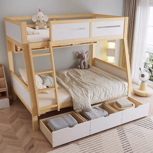 Letto a castello per bambini 90×200 cm e 120×200 cm con 3 cassetti, libreria da 2 m e scaletta, senza materassi