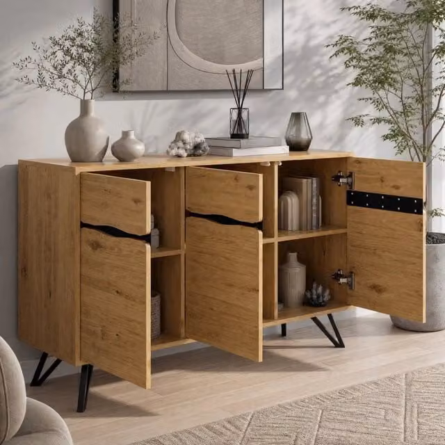 Credenza ULEVR 140x40x75,5 cm con 3 ante, gambe in metallo nero e finitura effetto legno