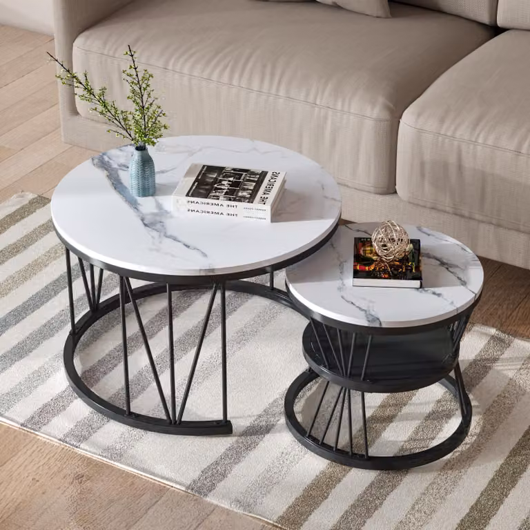 Set di 2 tavolini moderni rotondi con struttura in marmo per soggiorno, salotto, balcone e ufficio - Struttura in metallo - 70 x 70 x 45 cm - Nero - 70 x 70 x 45 cm