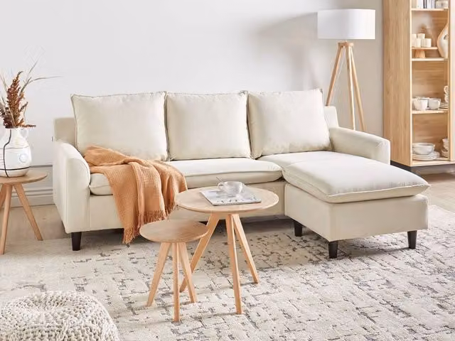 Divano Angolare Sinistro Beliani in Tessuto Beige con Chaise Longue e Gambe in Legno di Gomma, 3 Posti