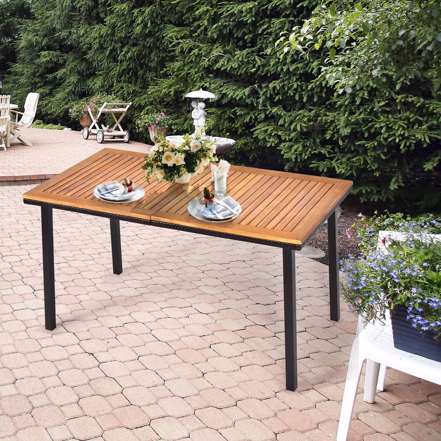 Costway Tavolo da Giardino Rettangolare in Legno di Acacia e Metallo, Colore Marrone e Nero, L: 140 cm, P: 75 cm, H: 76 cm – 2