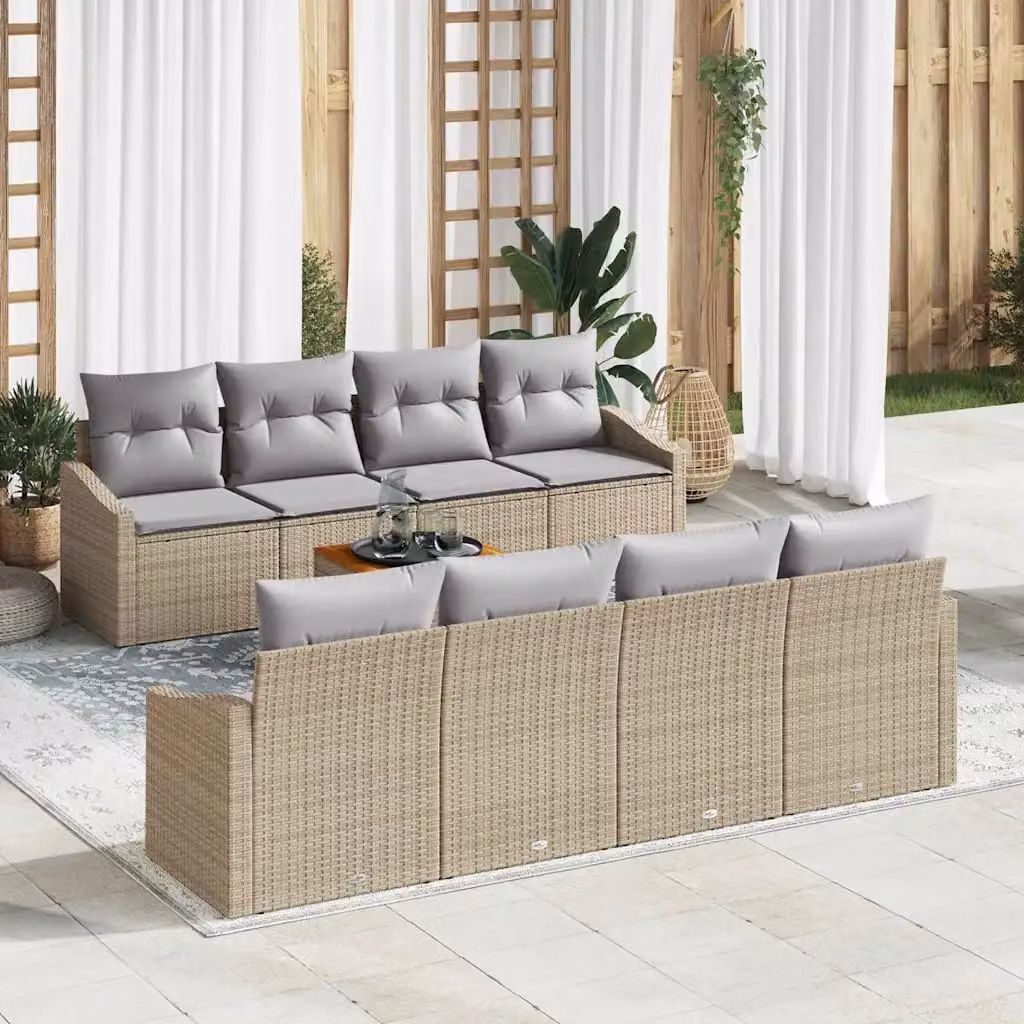 Set Divano da Giardino vidaXL 9 Pezzi in Polyrattan Beige con Cuscini e Tavolino da Caffè